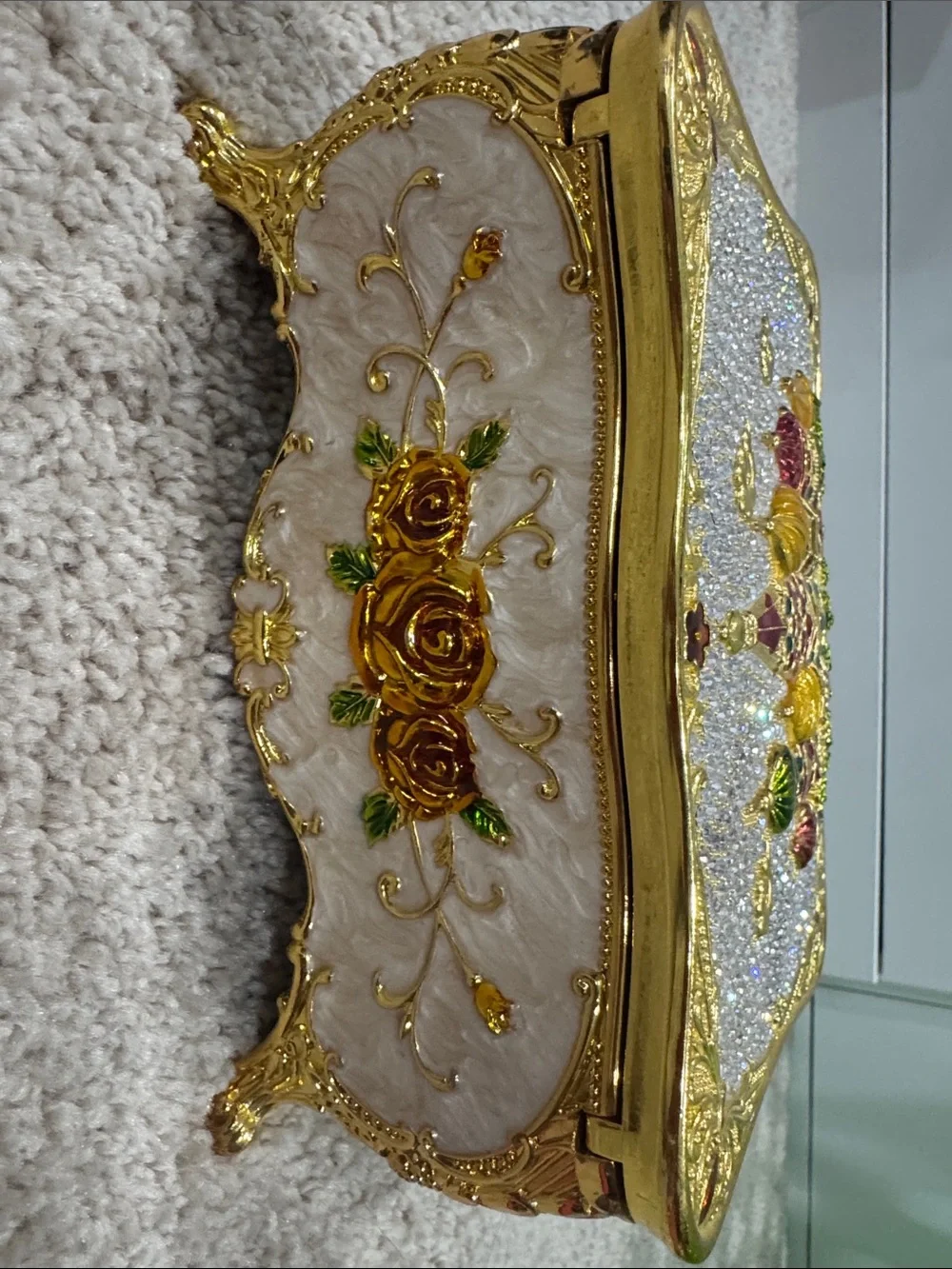 Ornate Jeweled Castle Trinket Box - Gold, White, Green, Red